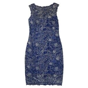Tadashi Shoji Kobe Lace Sheath Royal Navy Floral Formal Cocktail Dress 6 Holiday